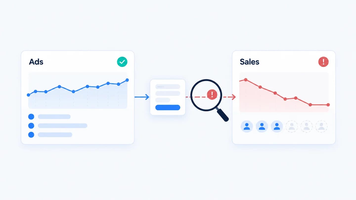 Healthy ad metrics contrast with a falling sales pipeline and a handoff to investigate.