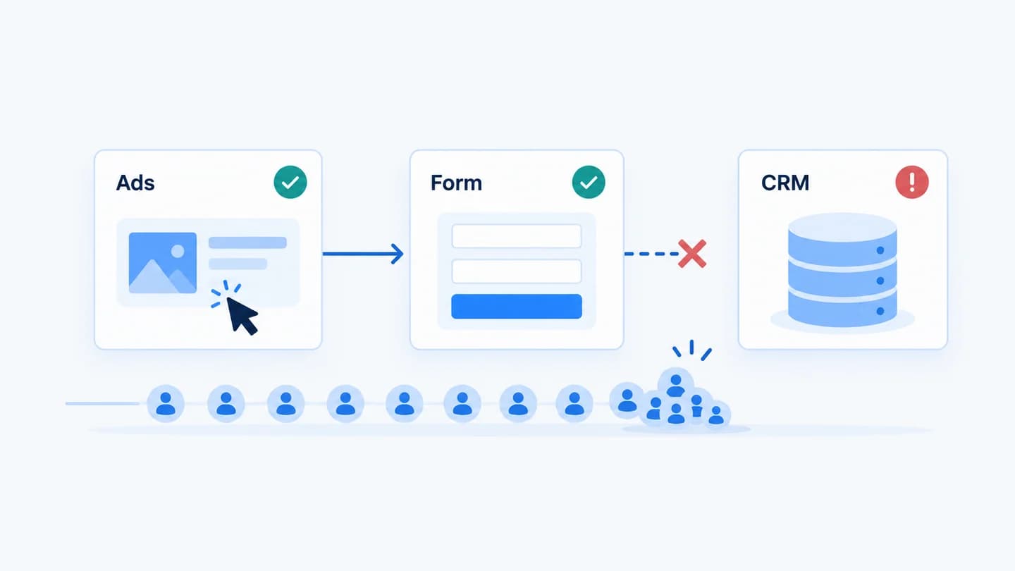 Ads and form submissions succeed, but a broken CRM connection blocks lead delivery.