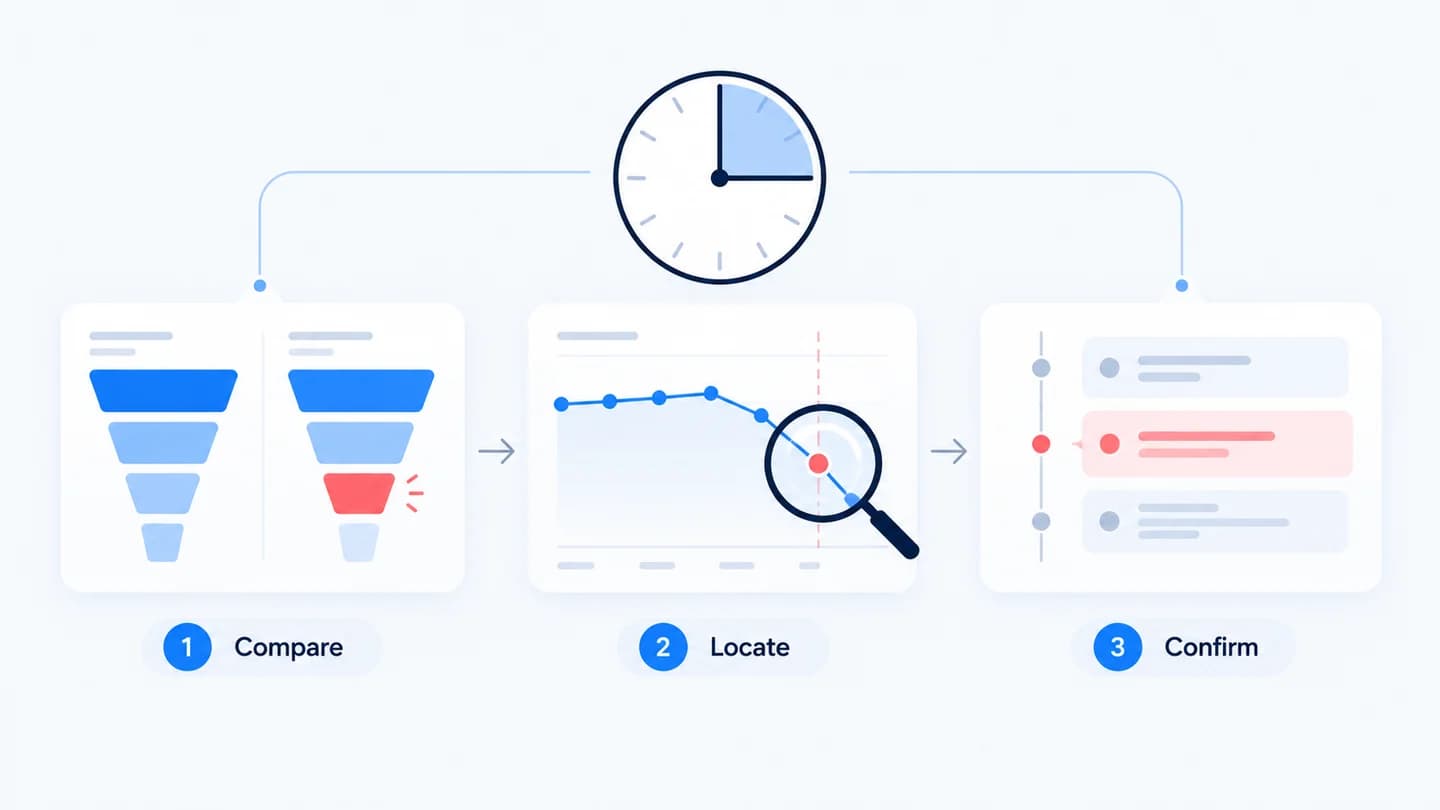 A fifteen-minute investigation compares funnel stages, locates a break, and checks changes.
