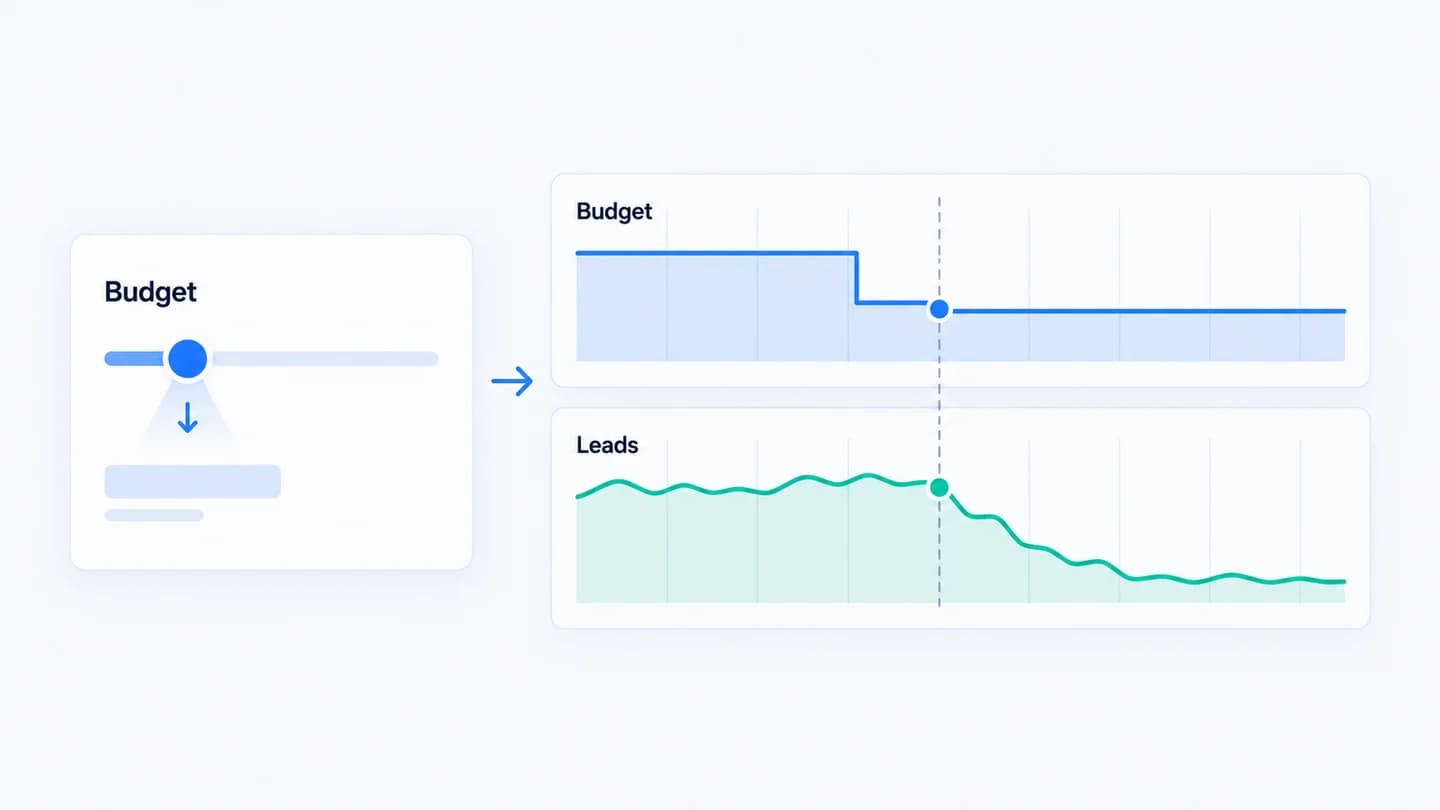 A budget reduction is followed by a larger lead-volume decline after a delay.