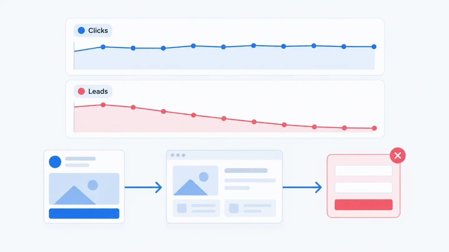 Clicks remain steady while leads fall, pointing to a problem after the click.