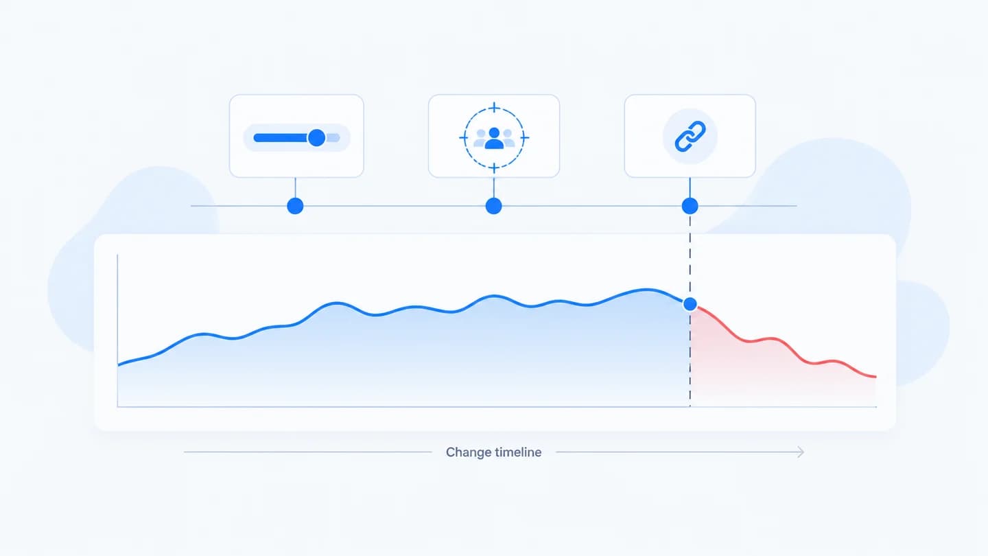 A destination-link change on a campaign timeline aligns with a conversion decline.