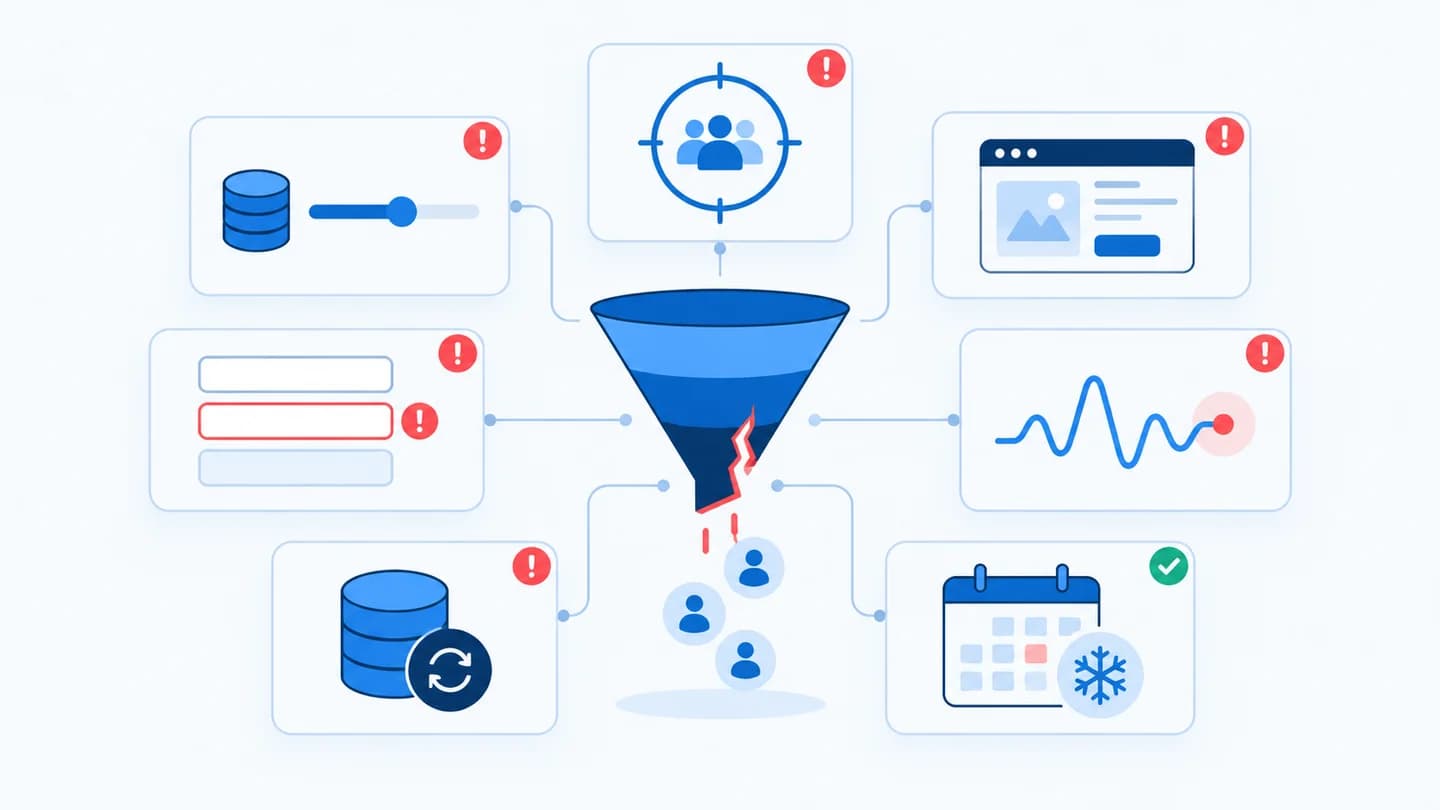 Seven diagnostic icons represent budget, audience, page, form, tracking, CRM, and demand changes.